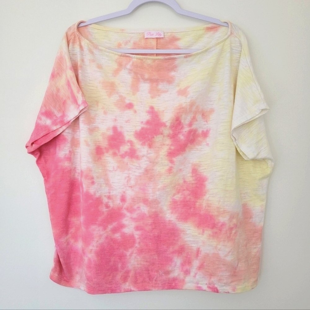 Pink Lily Pink & Yellow Tie-Dye Boho Artsy Short Sleeve Oversized‎ Tee Top S